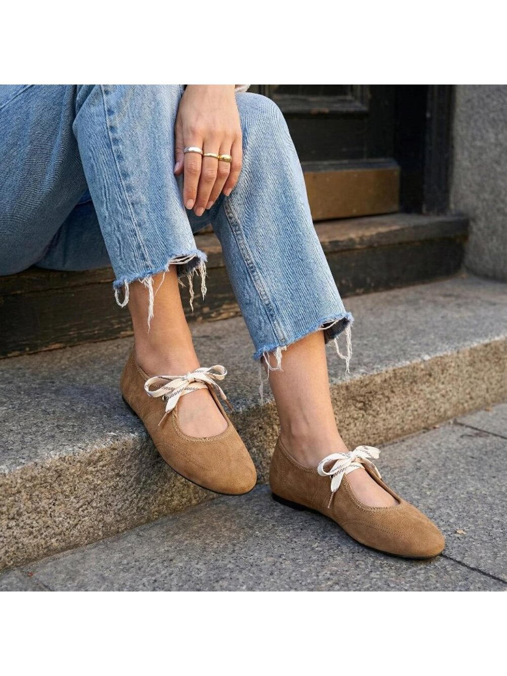 Women's Camel Round Toe Mary Jane Ballerina Lace Up Ballet Flat Sneaker Shoes - Picture 2 of 6